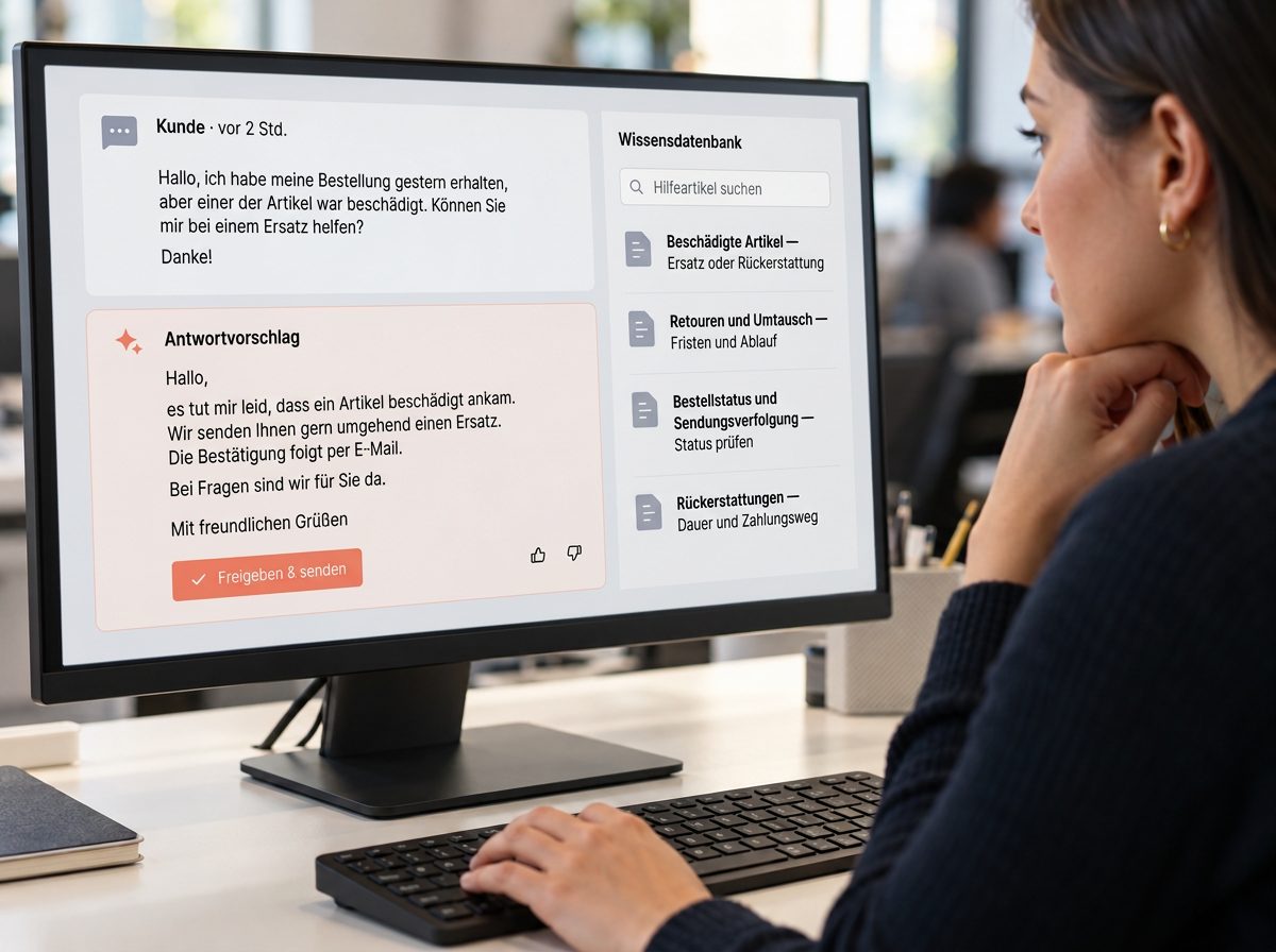 Arbeitsplatz mit Kundennachricht, Antwortvorschlag und Wissensdatenbank am Bildschirm