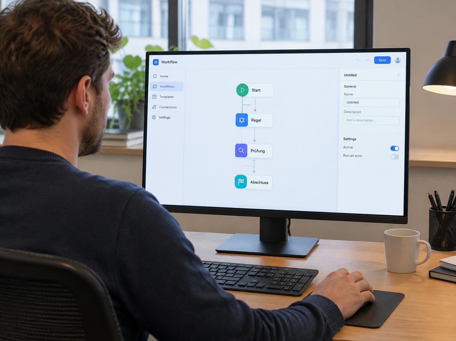 Arbeitsplatz mit geöffnetem Workflow-Editor am Bildschirm